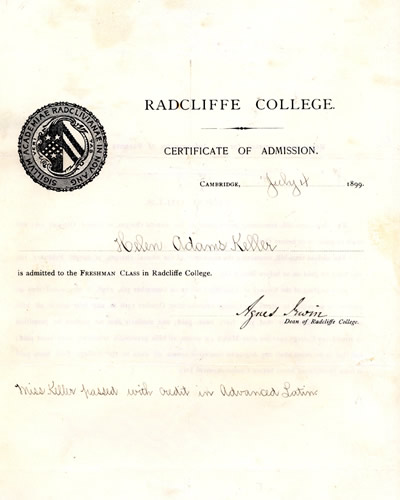 Helen's certificate of admission to Radcliffe College, 1899