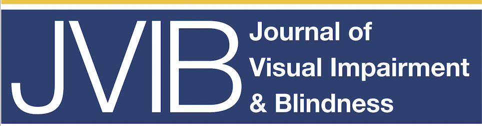 Image reads 'JVIB: Journal of visional impairment" in white. The background is blue with a yellow line outlining the framed text.. 