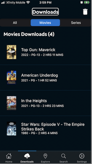 A screenshot of the spectrum app. It shows movie downloads of the following movies; Top Gun: Maverick, American Underdog, In the Heights and Star Wars: Episode V - Empire strike back 