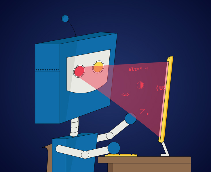 Digital Illustration of a robot analyzing a computer screen.