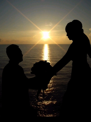 A man on one knee proposes to a woman, silhouetted by setting sun
