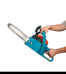 A set of hands, holding a chainsaw. Facing left.