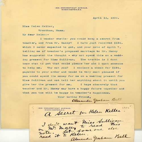 A letter from Alexander Graham Bell to Helen Keller regarding a wedding present for Anne Sullivan Macy, 1905.