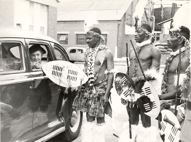 Helen receiving a shield from Zulus, 1952