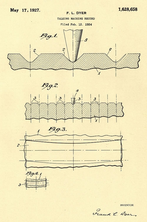 A page from inventor Frank L. Dyer's May 17, 1927, patent application for a Talking Machine Record. There are three technical drawings of cross sections of discs showing record grooves. Talking Book Archives, American Foundation for the Blind.