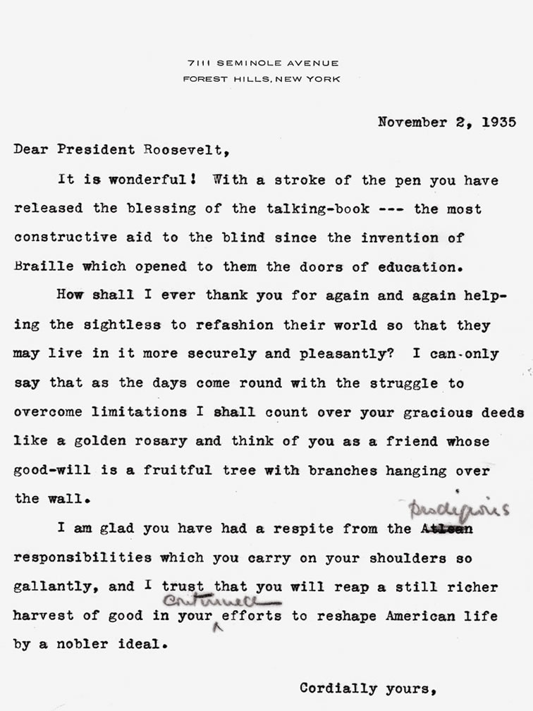 Letter from Helen Keller in Forest Hills, NY to President Franklin D. Roosevelt thanking him for funding Talking Books, November 2, 1935. Helen Keller Archives, American Foundation for the Blind.