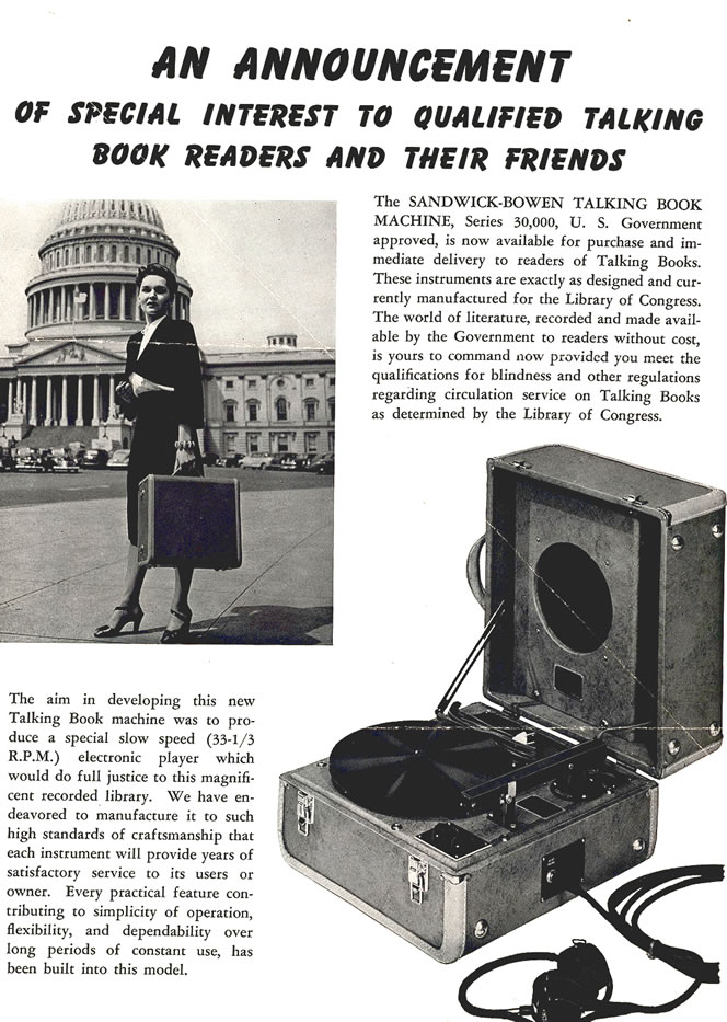 Advertisement entitled An Announcement of Special Interest to Qualified Talking Book Readers and Their Friends. The page advertises the Sandwick-Bowen Talking Book machine. 