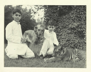 Holiday card Helen Keller received from Indira Gandhi showing two little boys with their pet tiger and dog