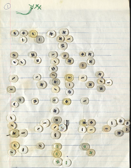 Letter written to Keller by Lucille Nurre in 1967 using buttons, eyes, hooks and thread to represent the 6-dot braille code. Nurre asks about a gynecological exam.