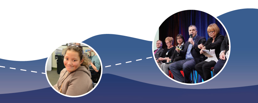 two photographs connected by a dotted line: a teenager in the classroom, and a group of panelists at a conference