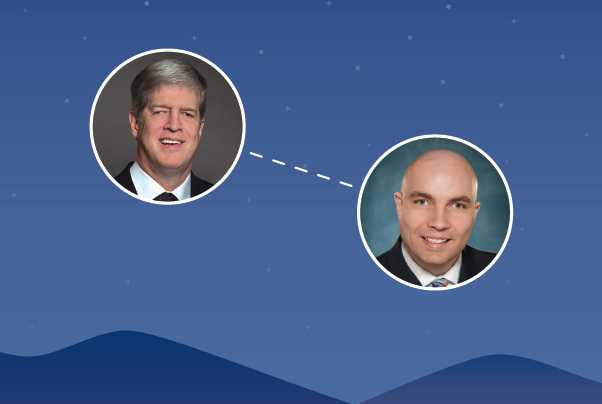 headshots of Kirk Adams and Russell Shaffer against an illustration of silhouetted mountains and a night sky