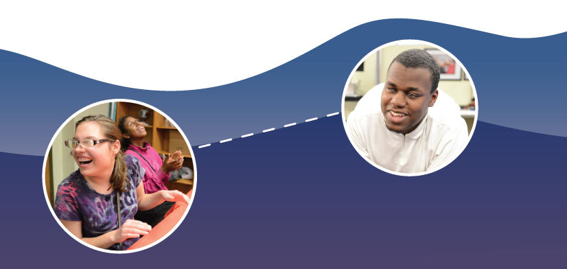 young visually impaired people laughing, in an illustration that connects their photos with a dotted line against the silhouette of rising hills