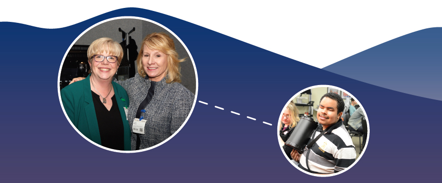 photo collage of two women smiling, and a young visually impaired man in a classroom setting
