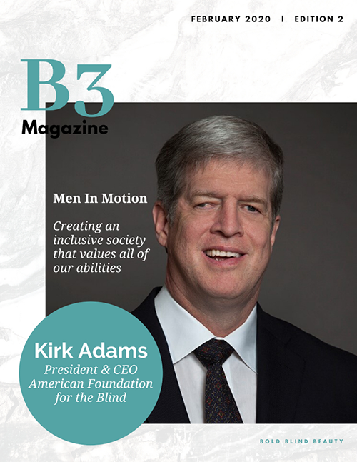 B3 Magazine cover with gray/white marbled background. Kirk’s photo is aligned on the right margin with the background appearing on the top, bottom and left margin. In the headshot, Kirk is very distinguished with silver hair and dressed in a dark business suit with a dark print tie. “B3” is in large teal text and a teal-colored circle with Kirk’s name and title are in white text. 