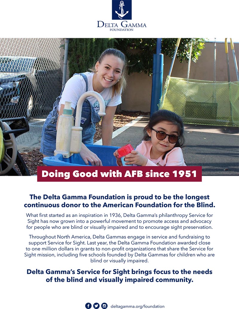 Image: A smiling woman and a smiling young girl wearing dark glasses are on opposite sides of an outside sink on a sunlit day. The girl is holding a red plastic lid and a blue cup or toy. Above the image is the Delta Gamma Foundation logo: a white anchor on a dark blue square
