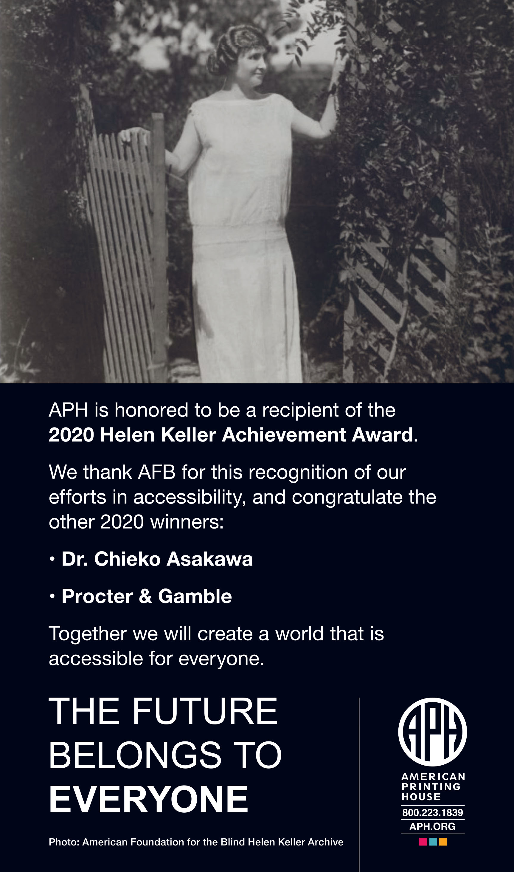 Image: An archival photograph of Helen Keller, standing at a gate in a white dress, surrounded by foliage.