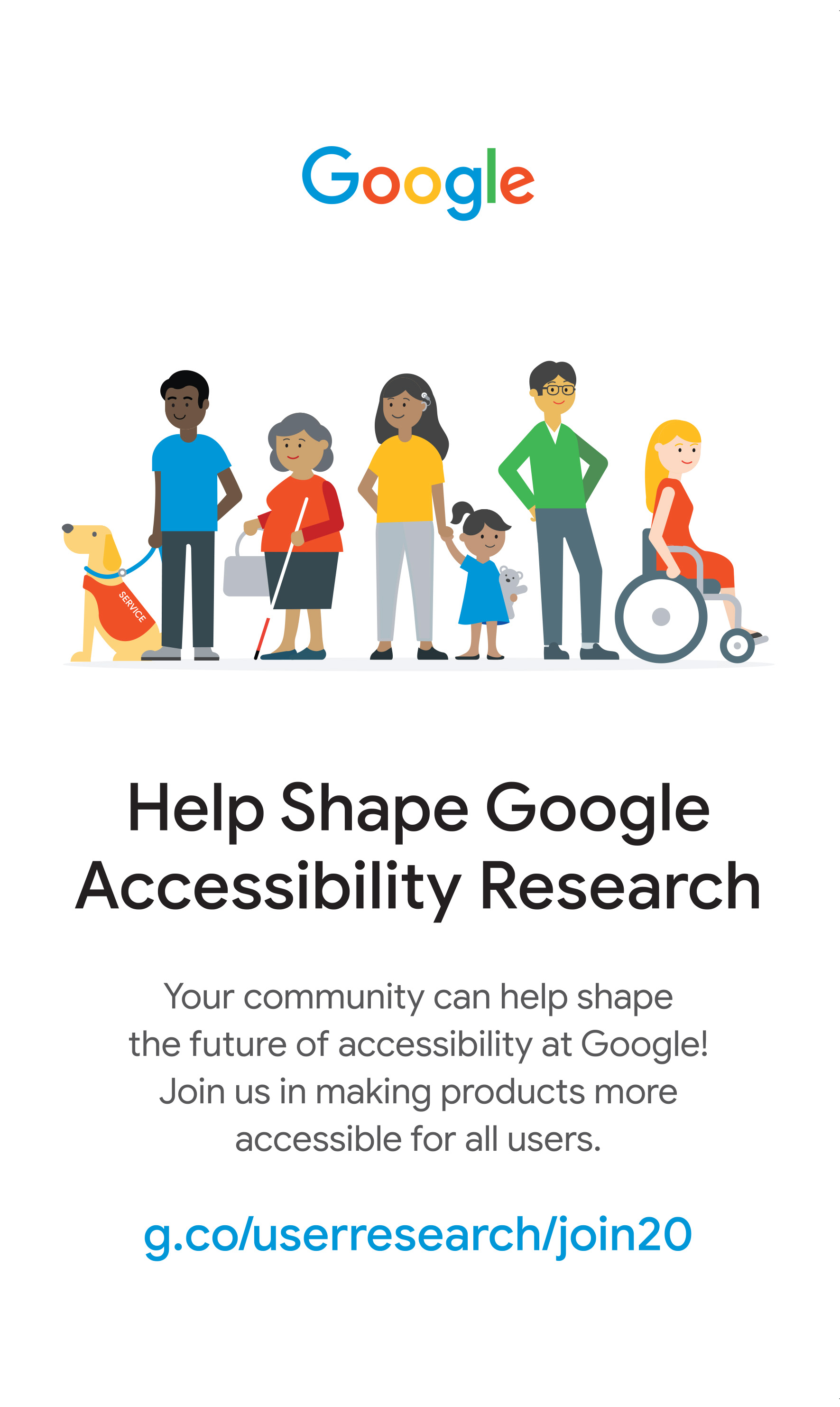 A colorful graphic illustration of a group of people of diverse races and ages with diverse abilities: A man with a service dog, a woman with a white cane, a woman with a cochlear implant, a woman in a wheelchair, a man wearing glasses. The rainbow Google logotype is centered above the illustration.