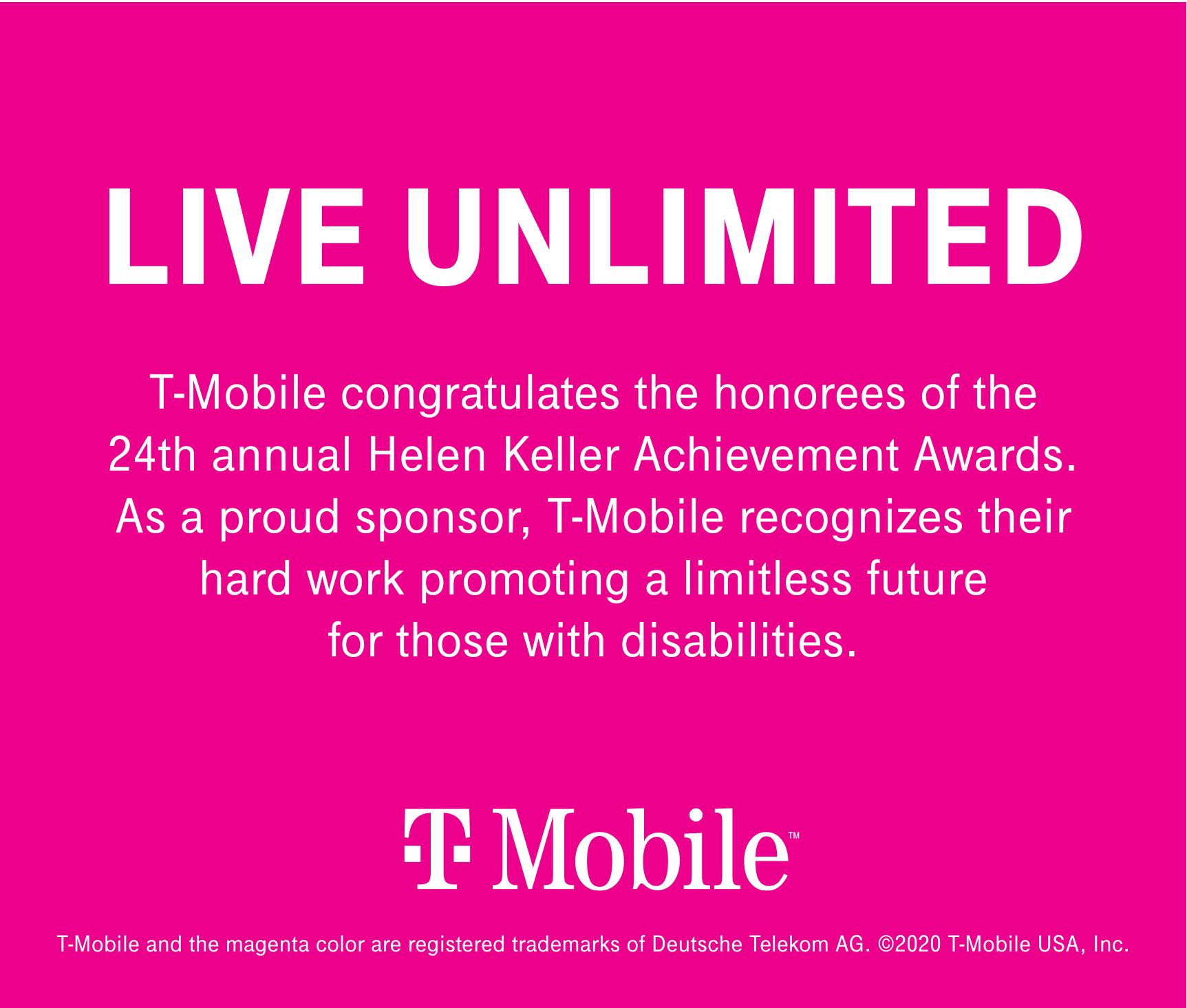 Image: White ad copy over a bright magenta background.
