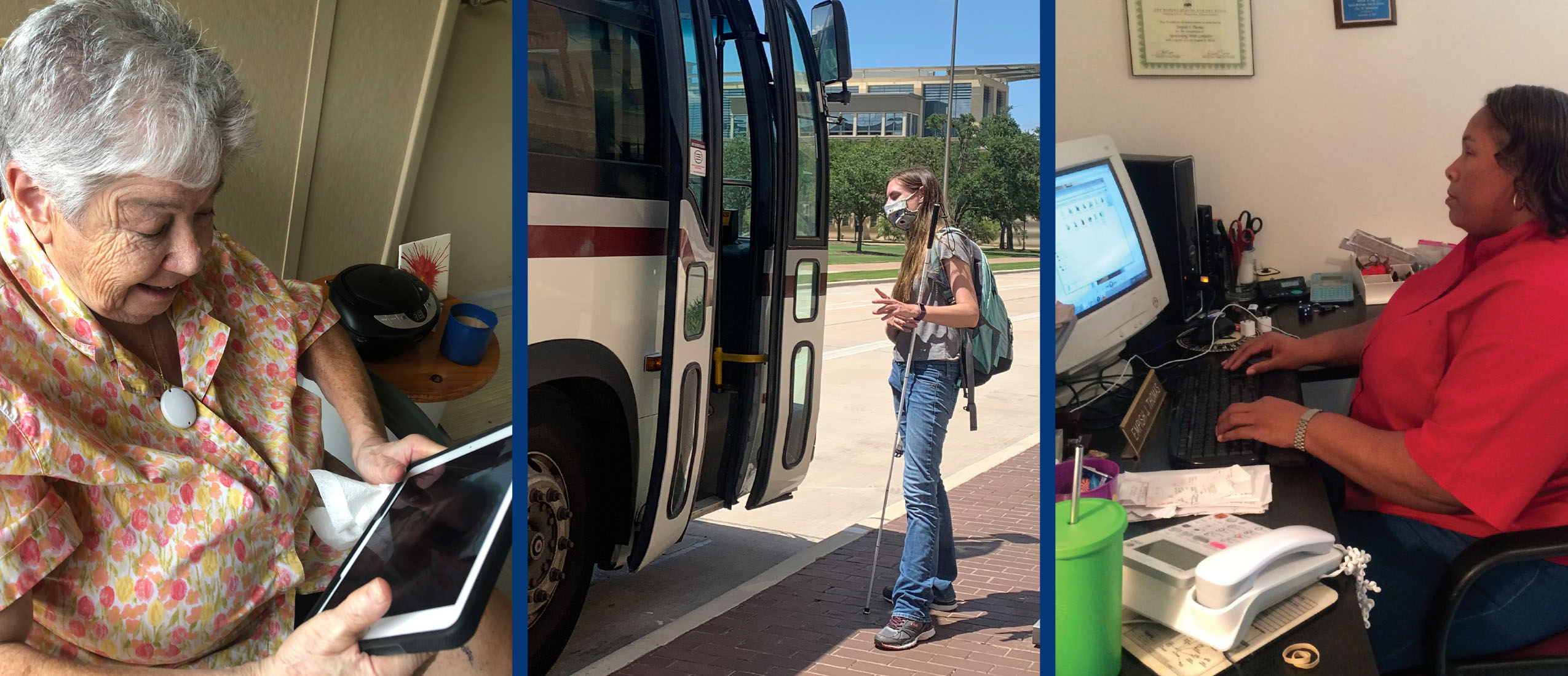 A collage of three photos: an older White woman using a tablet at home, a younger White woman with a white cane boarding a public bus, and a middle aged Black woman using computer access technology at work.