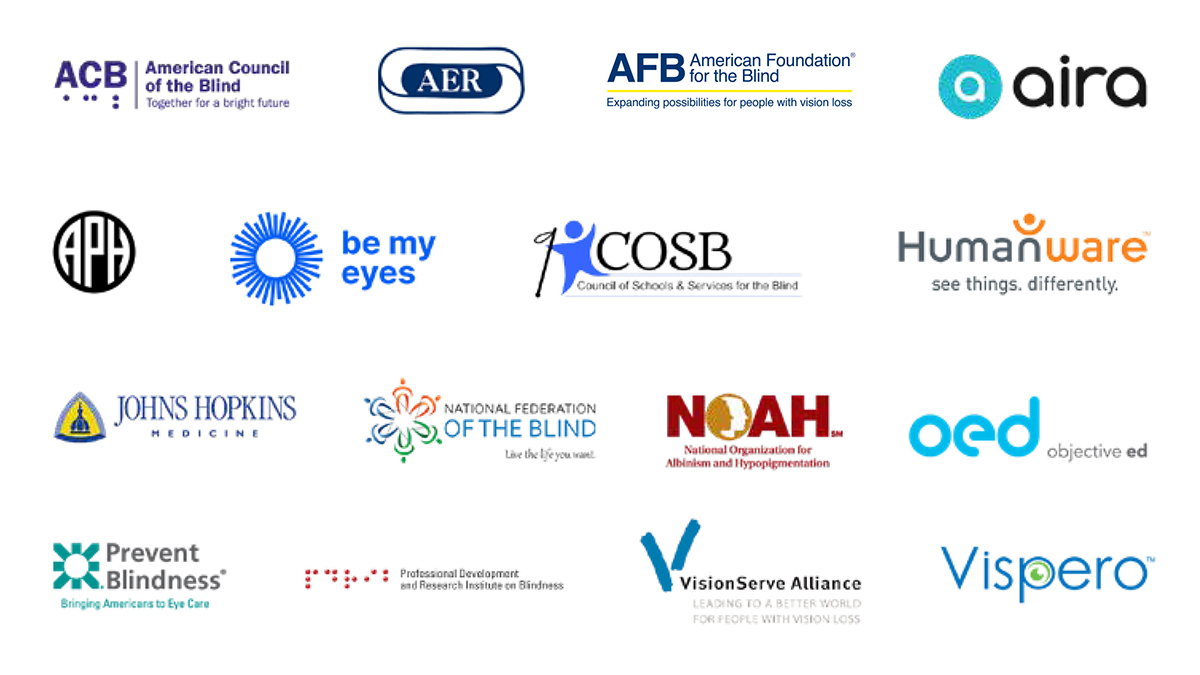 An array of company logos for the organizations that collaborated on this report: American Council of the Blind, AER, American Foundation for the Blind, Aira, APH, Be My Eyes, COSB, Humanware, Johns Hopkins Medicine, National Federation of the Blind, National Organization for Albinism and Hypopigmentation, Objective Ed, Prevent Blindness, Professional Development and Research Institute on Blindness, VisionServe Alliance, and Vispero.