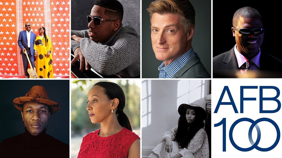 Collage: Top row, left to right: Amadou & Mariam, Matthew Whitaker, Sean Allan Krill, Marcus Roberts. Bottom row: Aloe Blacc, Haben Girma, Jennah Bell, text: AFB 100.