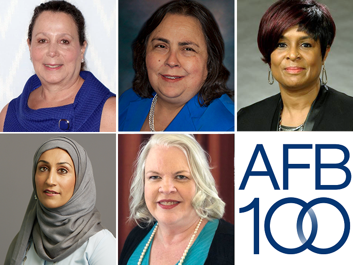 top row from left to right: Janni Lehrer-Stein, Kathy Martinez, Stephanae McCoy. Bottom row from left to right: Sam Latif, Neva Fairchild, and the AFB100 logo