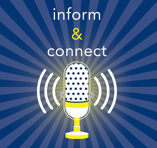 inform and connect. icon of a microphone on a blue background.