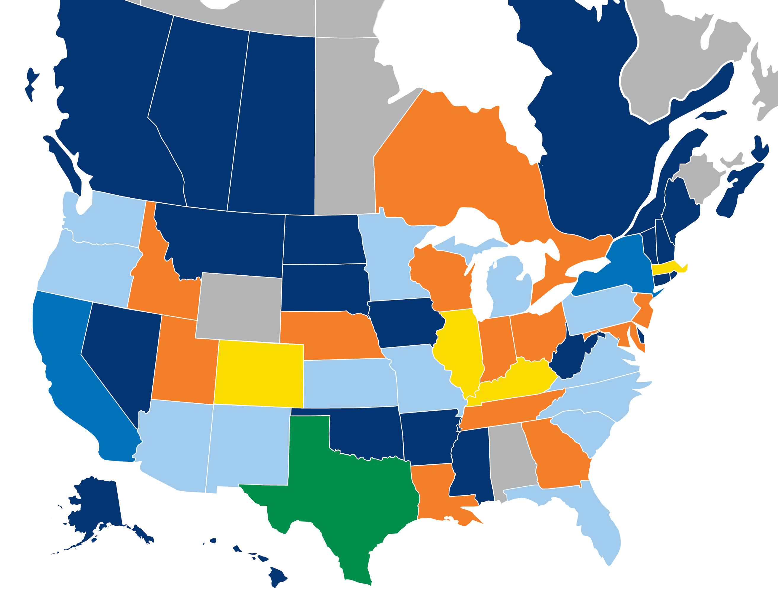 Map of U.S. and Canada showing the range of participants in each state and province. Texas, had more than 40 participants. California and New York both had between 31 and 40 participants. Ontario had the highest turnout amongst the 6 Canadian provinces, with 6-10 participants. All U.S. states, with the exception of Alabama and Wyoming, has at least 1-5 participants.