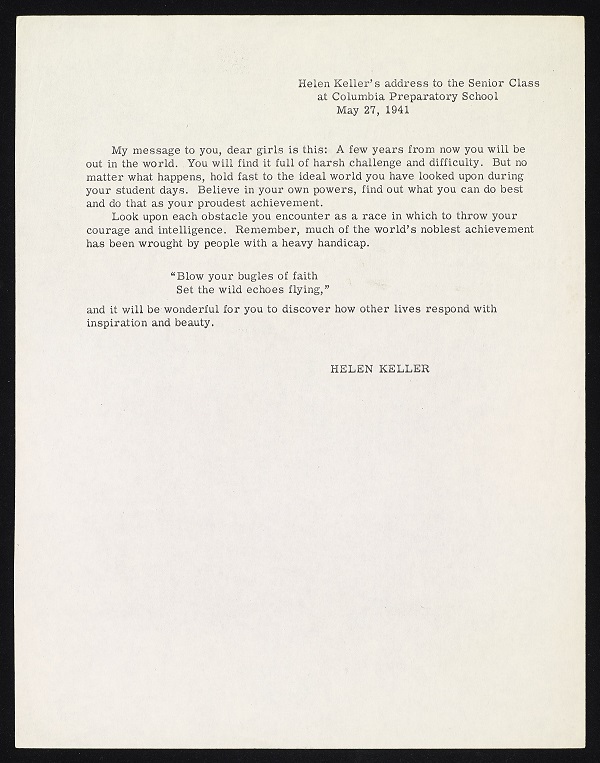 Remarks by Helen Keller on the dedication of the Rochester School of the Deaf and commencement at Columbia Prepatory School.