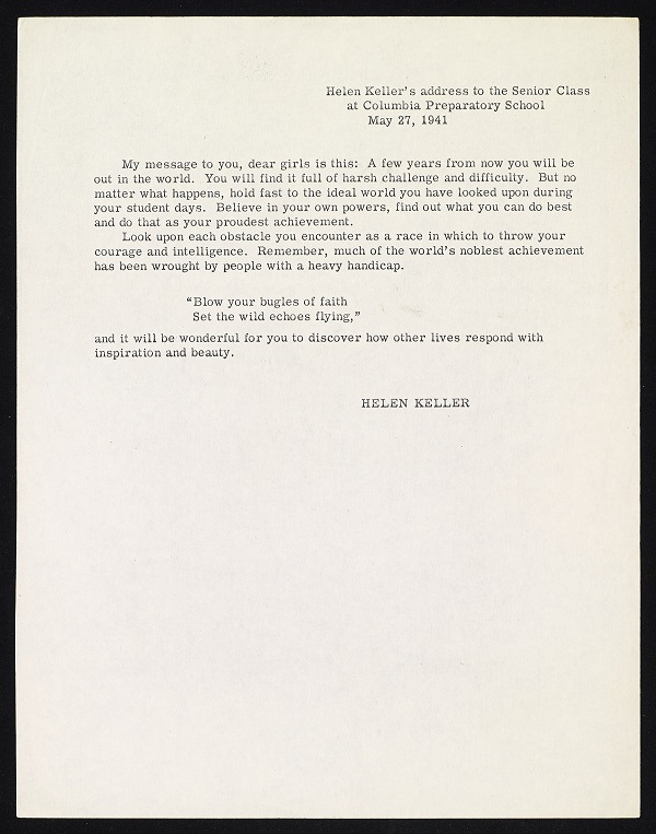 Remarks by Helen Keller on the dedication of the Rochester School of the Deaf and commencement at Columbia Prepatory School.