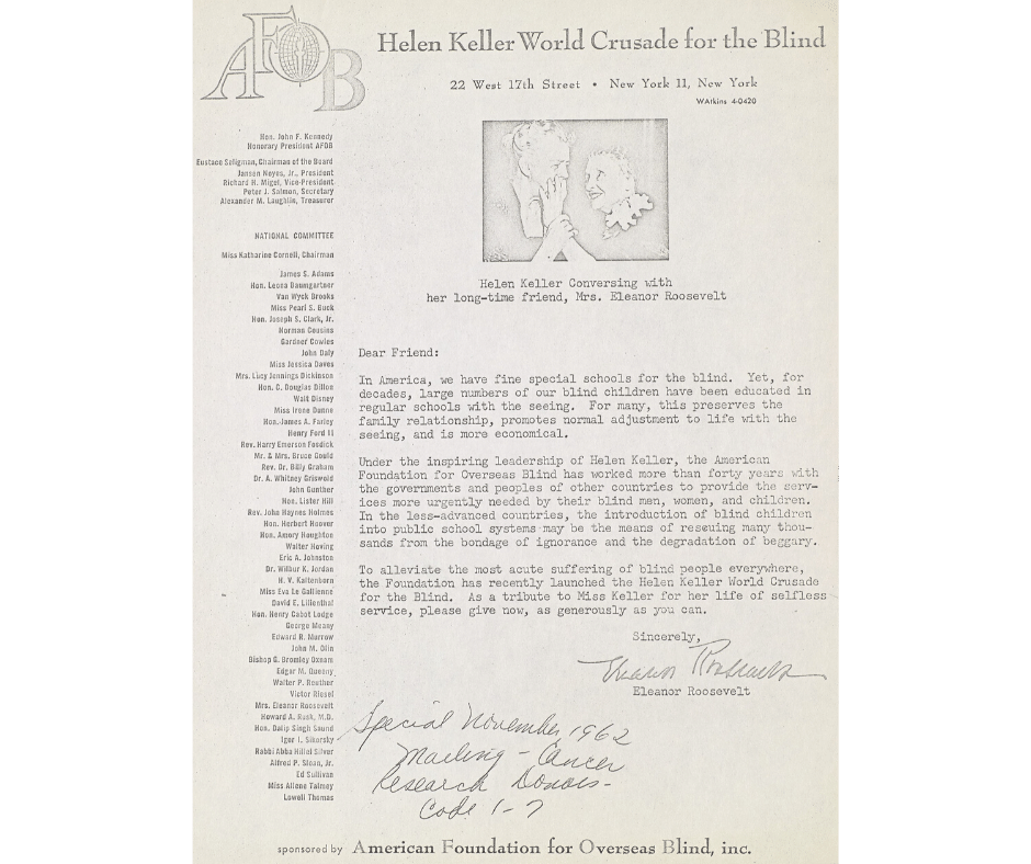 Form letter from Eleanor Roosevelt advocating for the Helen Keller World Crusade for the Blind.