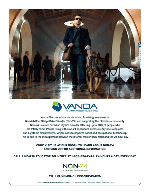 A white man wearing sunglasses and business casual walks through a train station with his guide dog. Vanda Pharmaceuticals, Inc. Complete text follows.