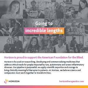 Text reads: Going to incredible lengths. A collage of family photos is followed by the Horizon logo and horizontherapeutics.com. Full text of the ad below.