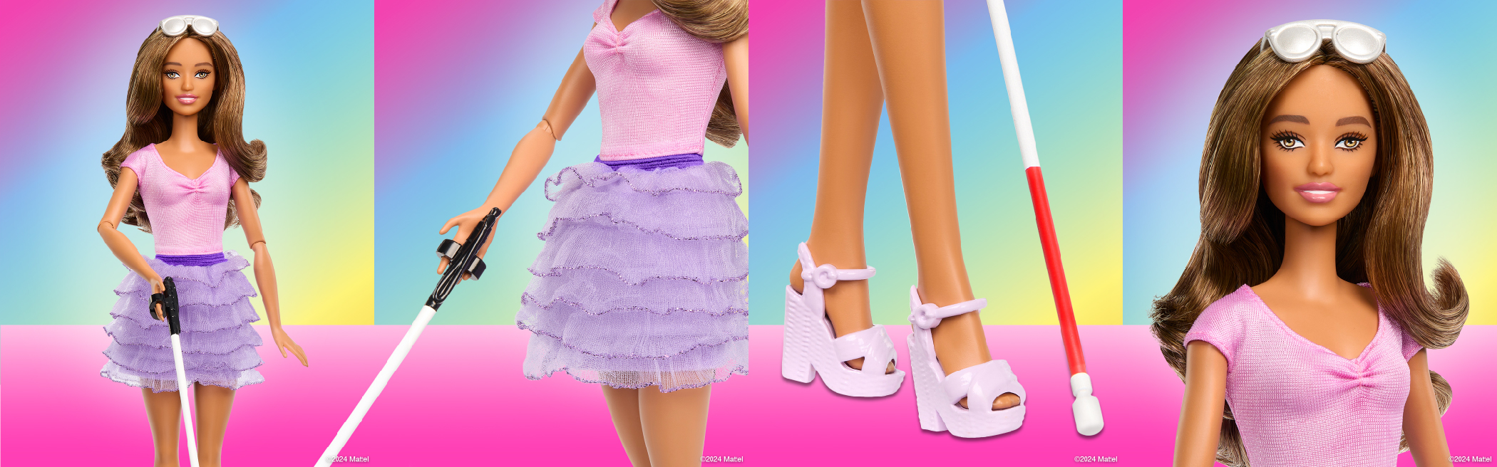 Four images highlight Blind Barbie's distinct features: her white cane, ruffled skirt, pink high-heeled shoes, and and aviator sunglasses.
