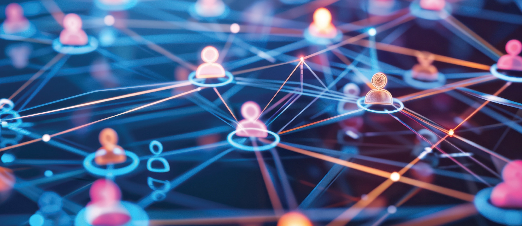 A network of glowing human icons connected by colorful lines.