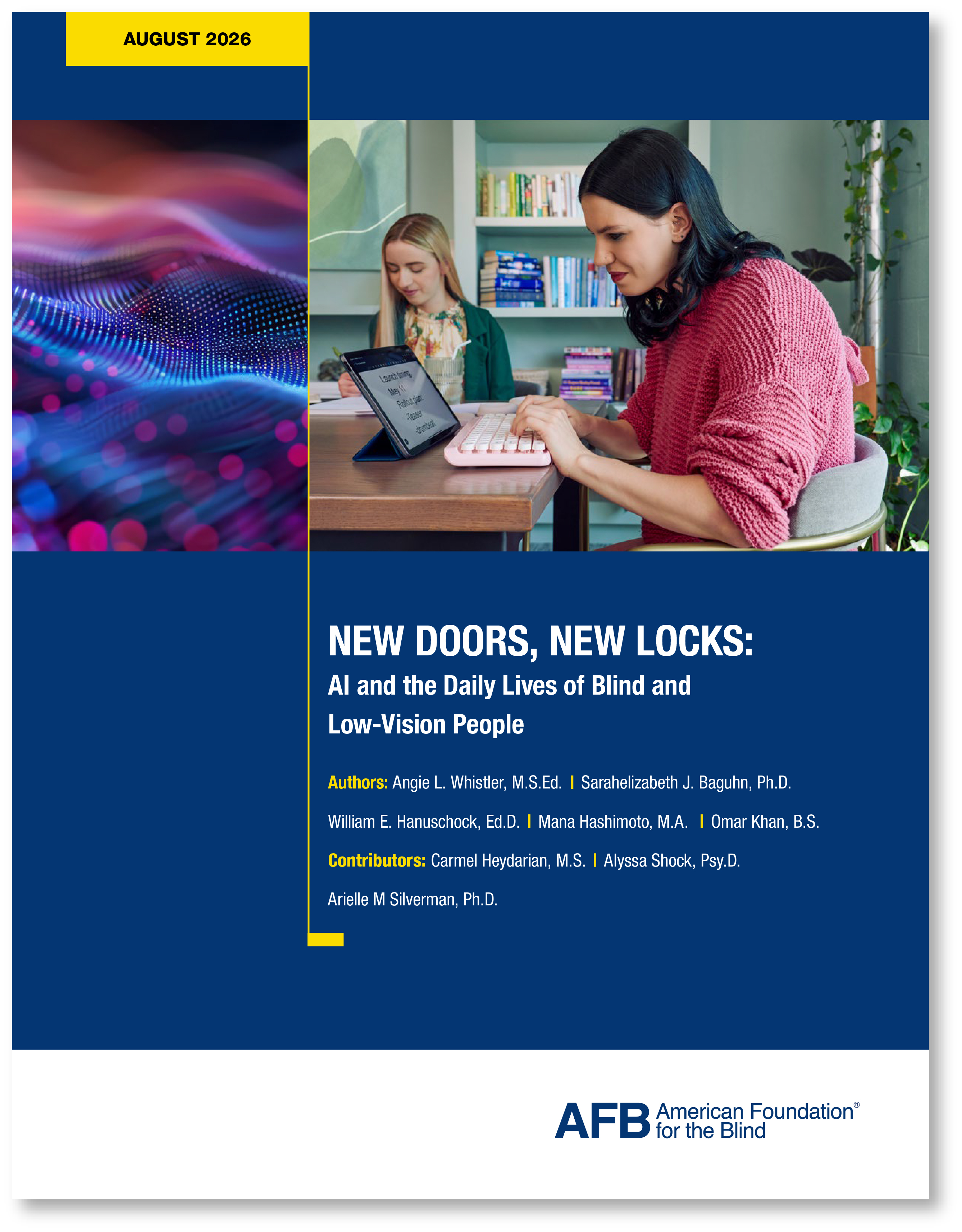 New Doors, New Locks report cover. A blind woman types on a tablet using large print in a co-working space.