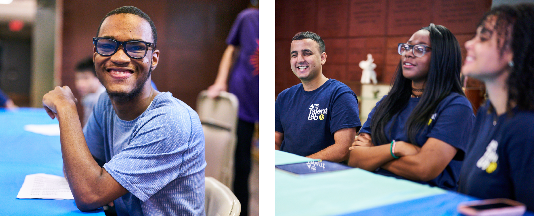 A collage of a young blind student smiling and AFB interns presenting.