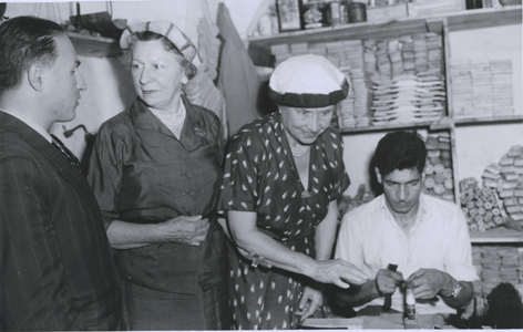 S. T. Dajani, Chairman of the Arab Blind Organization with Polly Thomson, Helen Keller and a worker at the workshop for the Arab Blind Organization, Jerusalem, 1952