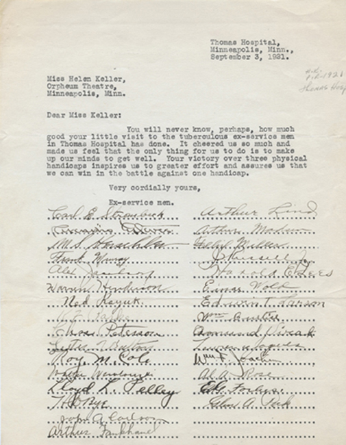 Thank you letter to Helen Keller from Thomas Hospital, 1921