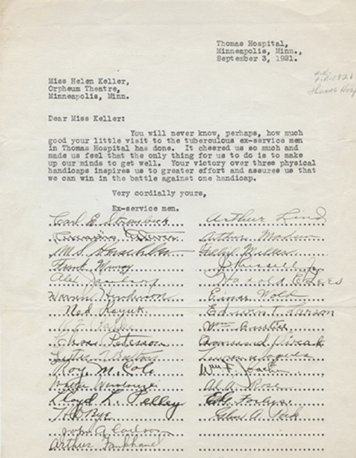 Thank you letter to Helen Keller from Thomas Hospital, 1921