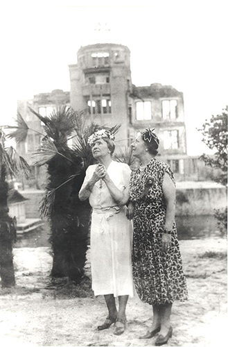 Helen Keller and Polly Thomson at the Hiroshima Tower, Japan, 1948