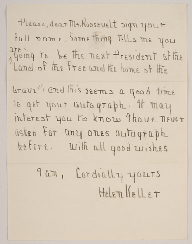 Reply from Helen Keller to Franklin D. Roosevelt