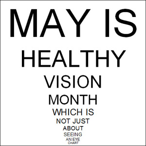 eye chart with words in decreasing font sizes: May is Healthy Vision Month which is not just about seeing an eye chart
