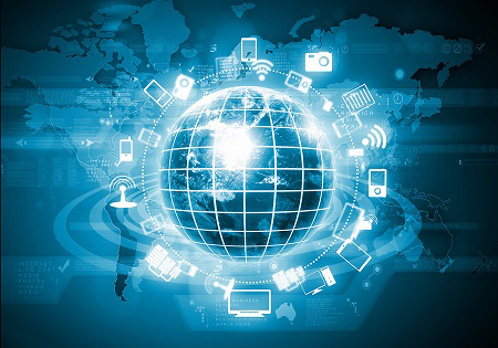 illustration of world globe surrounded by electronic devices and signals