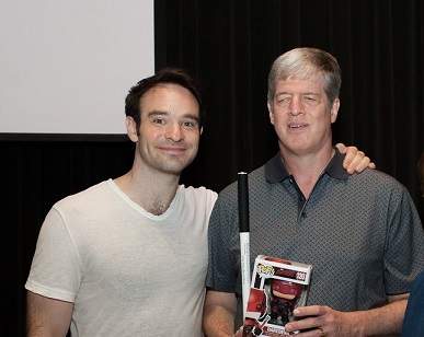 Charlie Cox, a Helen Keller Achievement Award winner (2015) and star of Marvel's Daredevil with AFB President and CEO Kirk Adams.