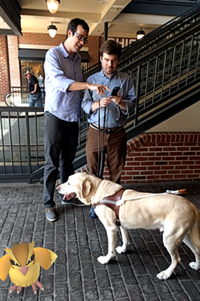 William Reuschel and Aaron Preece look at an iPhone while guide dog Joel looks at a Pidgey