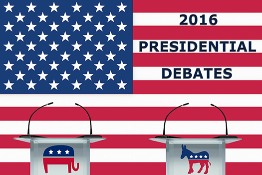 US flag with podiums in front, and the words Presidential Debate 2016
