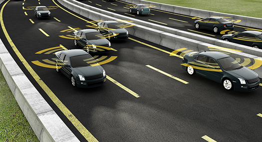 illustration of cars on the highway, emitting connection signals