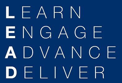 The words Learn, Engage, Advance, Deliver appear in white on a blue background