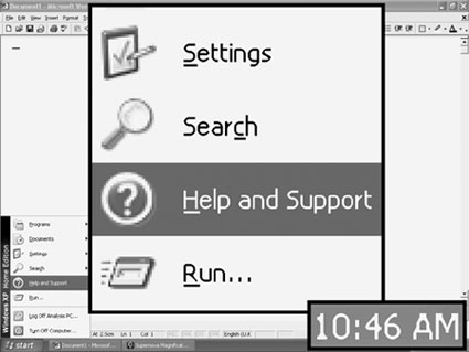 Figure 1: Computer screen image showing the Windows XP HomeEdition start menu and desktop magnified using LunarPlus.